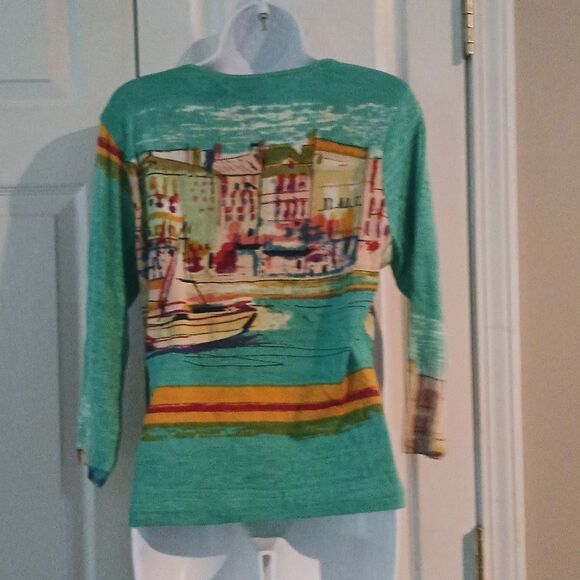 Jane Ashley sail boat city 3/4th length sleeve top Sz S EUC - Picture 3 of 5